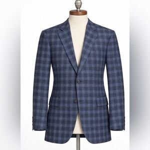Men's Stafford Blue Plaid Wool Linen Blazer Sport Coat Jacket 40L Like New